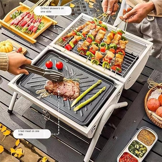Portable Iron BBQ Grill with Built-In Hob